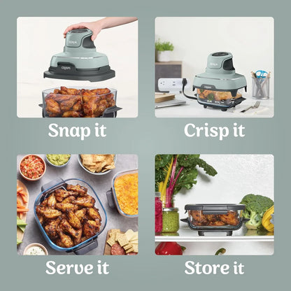 Crispi 4-In-1 Glass Air Fryer | 450°F | Non-Toxic | 4QT & 6-Cup Glass Containers W/Lids | Microwave, Freezer, Dishwasher Safe | Max Crisp, Air Fry, Bake, Recrisp | Green | FN101SG
