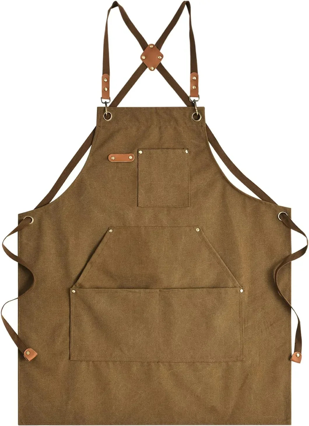 Brown canvas kitchen apron with leather straps, cross-back design, and multiple pockets for cooking and baking.