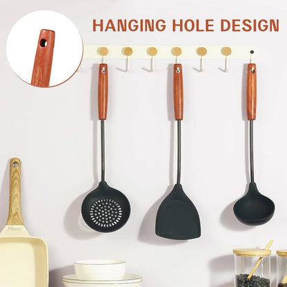 Wok Tools, Wok Utensil,Wok Spatula,Ladle,Skimmer Tool Set,Non Stick Heat-Resistant Silicone Cooking Utensils BPA Free Kitchen Utensils Cookware, Pack of 3,Black