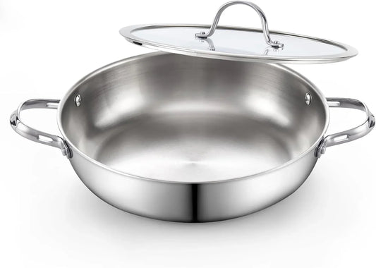 Multi-Ply Clad Stainless Steel Wok Stir Fry Pan with Glass Lid, 12-Inch Large Stainless Steel Deep Frying Pan, Everyday Chef'S Pan Flat Bottom Wok Induction Cookware