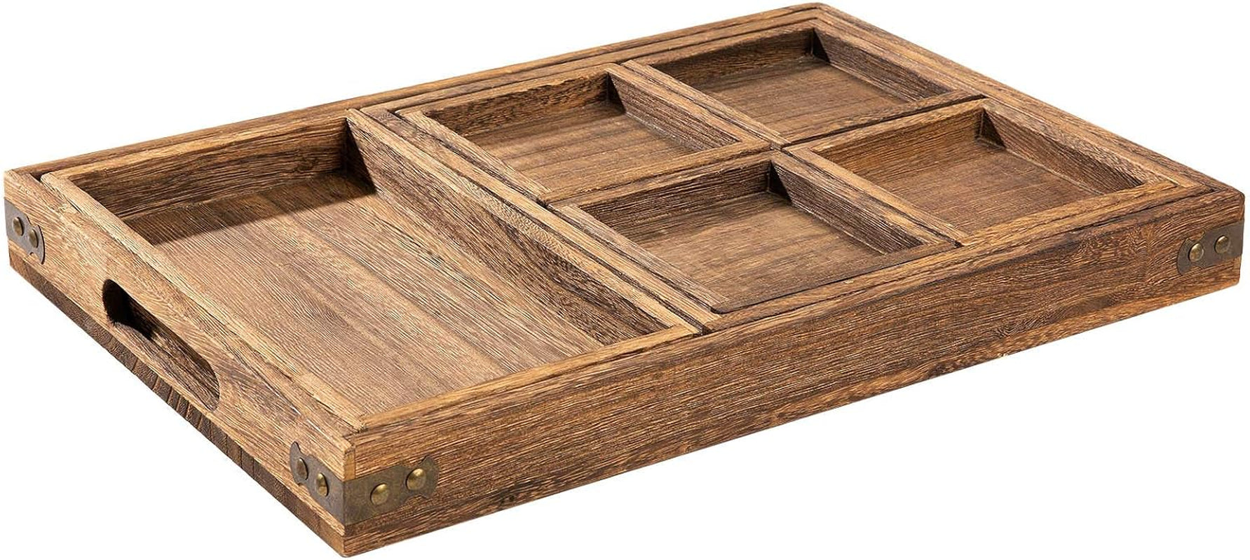 Rustic Wooden Serving Trays with Handle - Set of 7 Rectangular Platters for Entertaining, Breakfast, Coffee Table, Home Decor