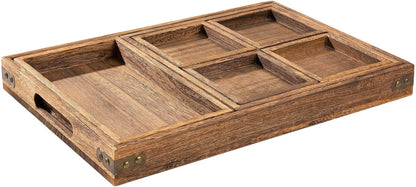 Rustic Wooden Serving Trays with Handle - Set of 7 Rectangular Platters for Entertaining, Breakfast, Coffee Table, Home Decor