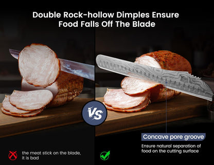 Brisket Slicing Knife, 12 Inch Multifunction Carving Knife for Meat Cutting, Japanese Style Meat Slicer with Wood Full Tang Handle, Damascus Pattern Long Slicing for Roast Beef, Ideal for Gift