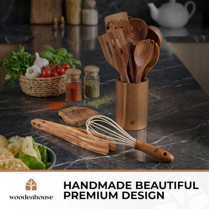 Wooden Spoons for Cooking 13 Pcs – Sturdy & Easy to Clean, Natural Teak Wooden Utensil Set – Non-Scratch Wood Kitchen Utensils Set with Spatula, Ladle, Spoons, Tongs, Whisk, Holder, Spoon Rest & Hooks