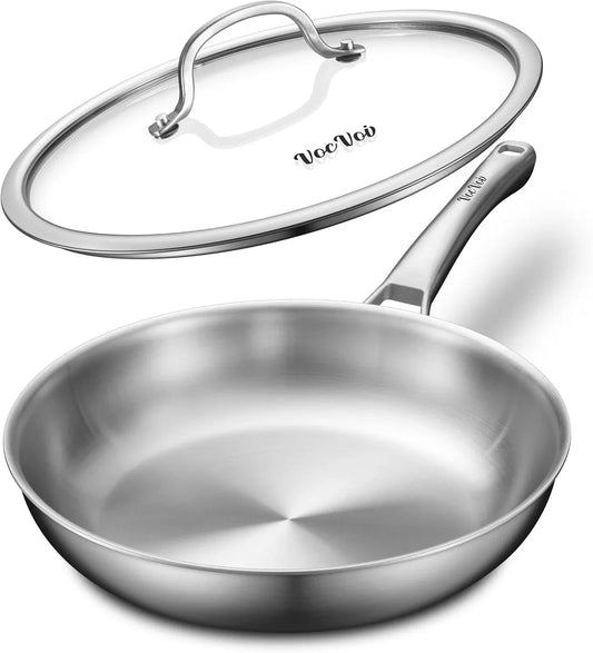 Stainless Steel Pan, 12 Inch with Lid Stainless Steel Frying Pan, Non Toxic Tri-Ply Skillet, PFOA&PTFE Free, Oven and Dishwasher Safe, Induction Compatible