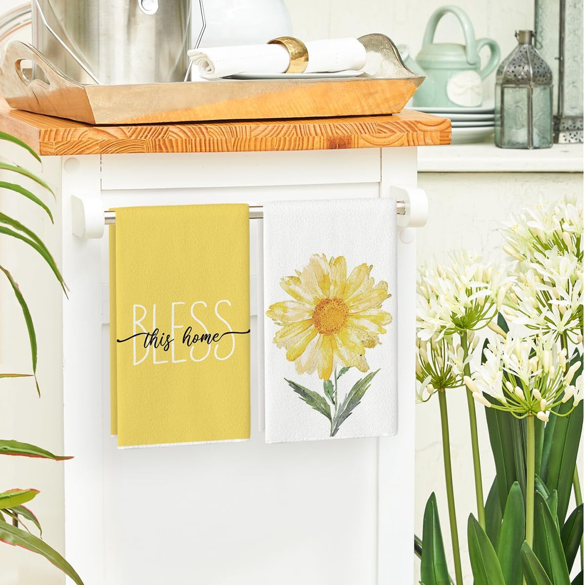 Yellow Hello Sunshine Daisy Bless This Home Spring Kitchen Towels Dish Towels, 18X26 Inch Seasonal Summer Decoration Hand Towels Set of 4