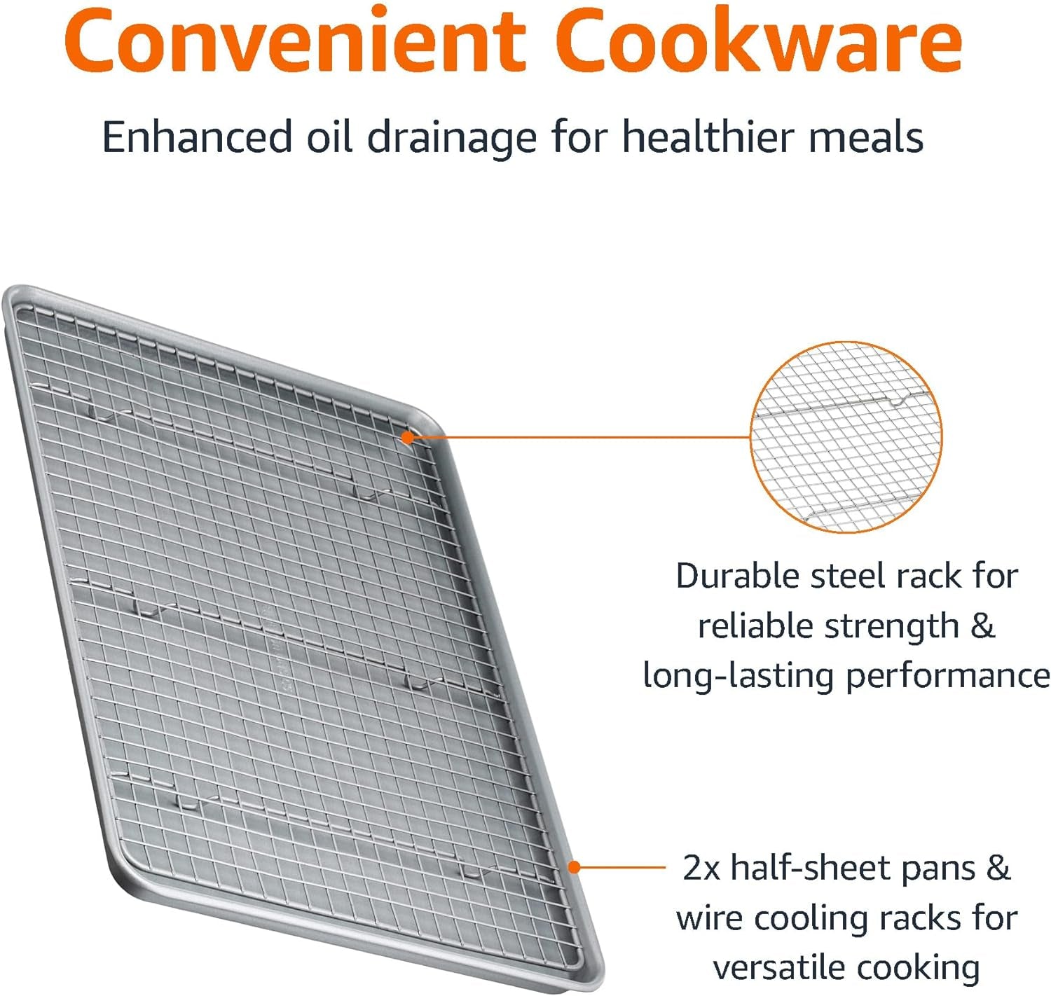 Ceramic Nonstick Baking Sheets & Cooling Rack Set, Dishwasher Safe, Oven Safe, Half Sheet Size, Gray, 2-Pack