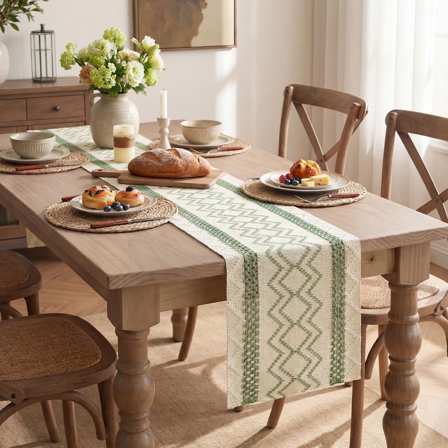Sage Green Stripe Diamond Pattern Woven Table Runner, Seasonal Holiday Hollow Kitchen Dining Table Decoration for Home Party Decor 12X72 Inch