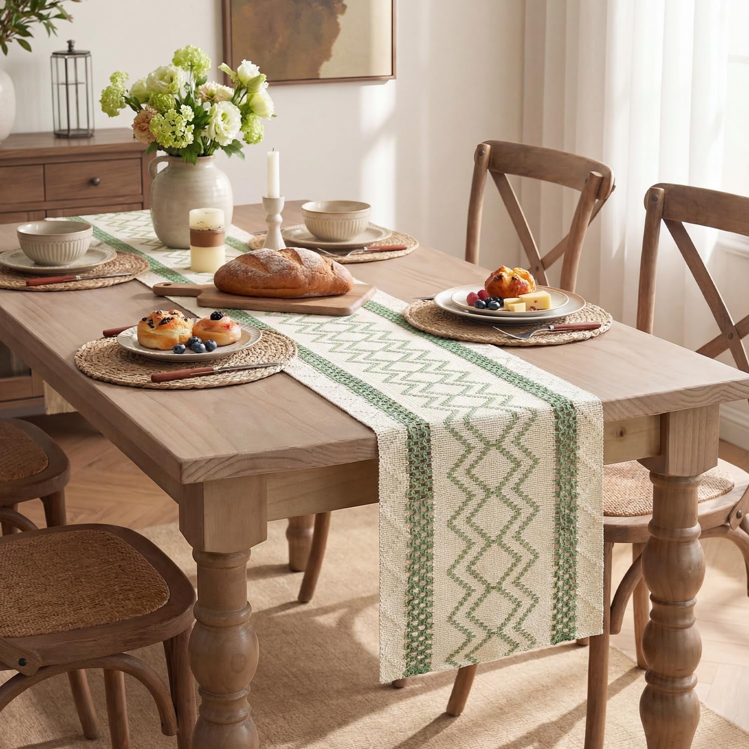 Sage Green Stripe Diamond Pattern Woven Table Runner, Seasonal Holiday Hollow Kitchen Dining Table Decoration for Home Party Decor 12X72 Inch