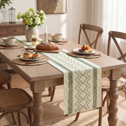 Sage Green Stripe Diamond Pattern Woven Table Runner, Seasonal Holiday Hollow Kitchen Dining Table Decoration for Home Party Decor 12X72 Inch