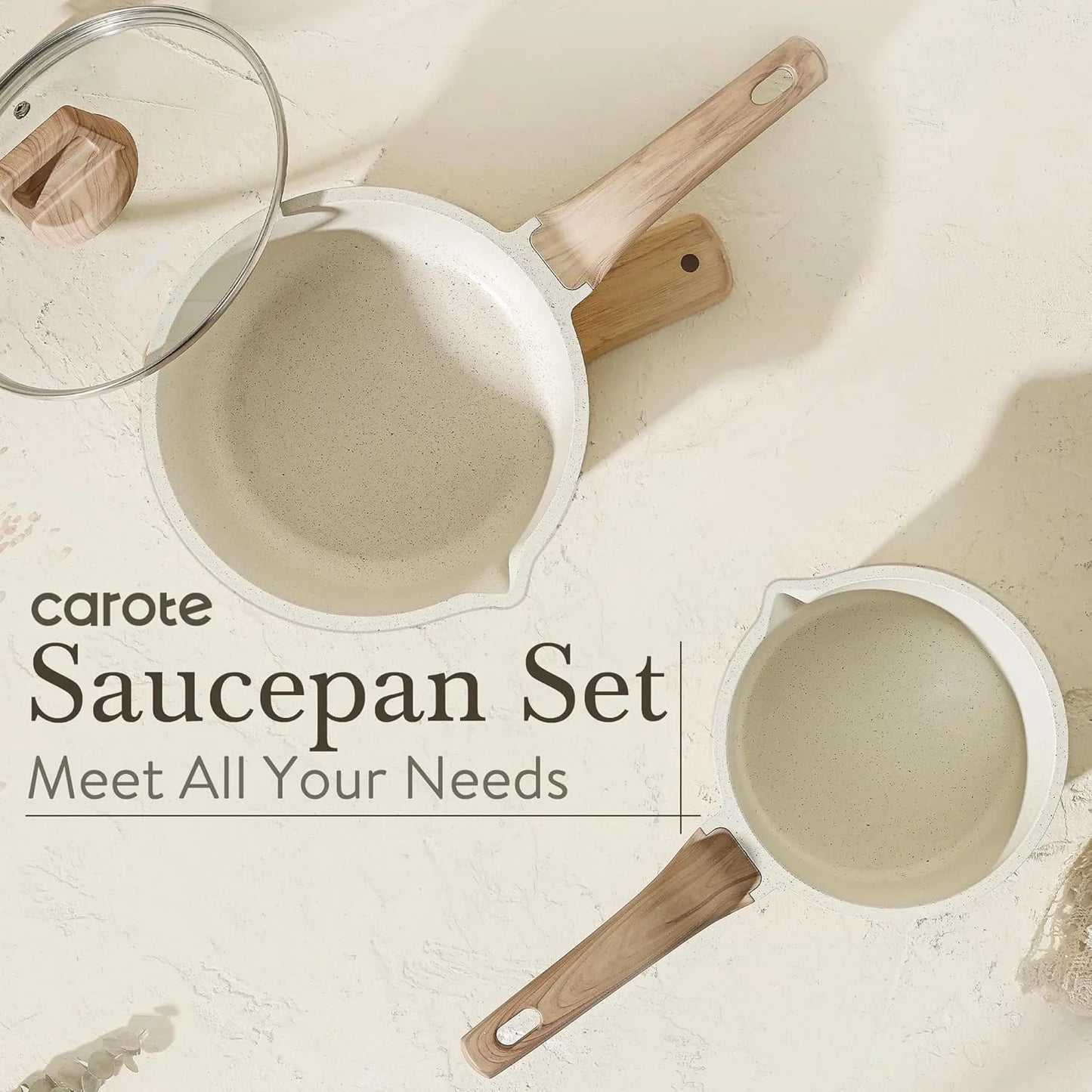 1.5Qt & 3.0Qt Sauce Pan Sets with Lid Cooking Pots Nonstick Saucepans Cookware Set with Pour Spout Small Kitchen Pot, Induction Comptable, Easy to Clean, PFOA FREE (White Granite)