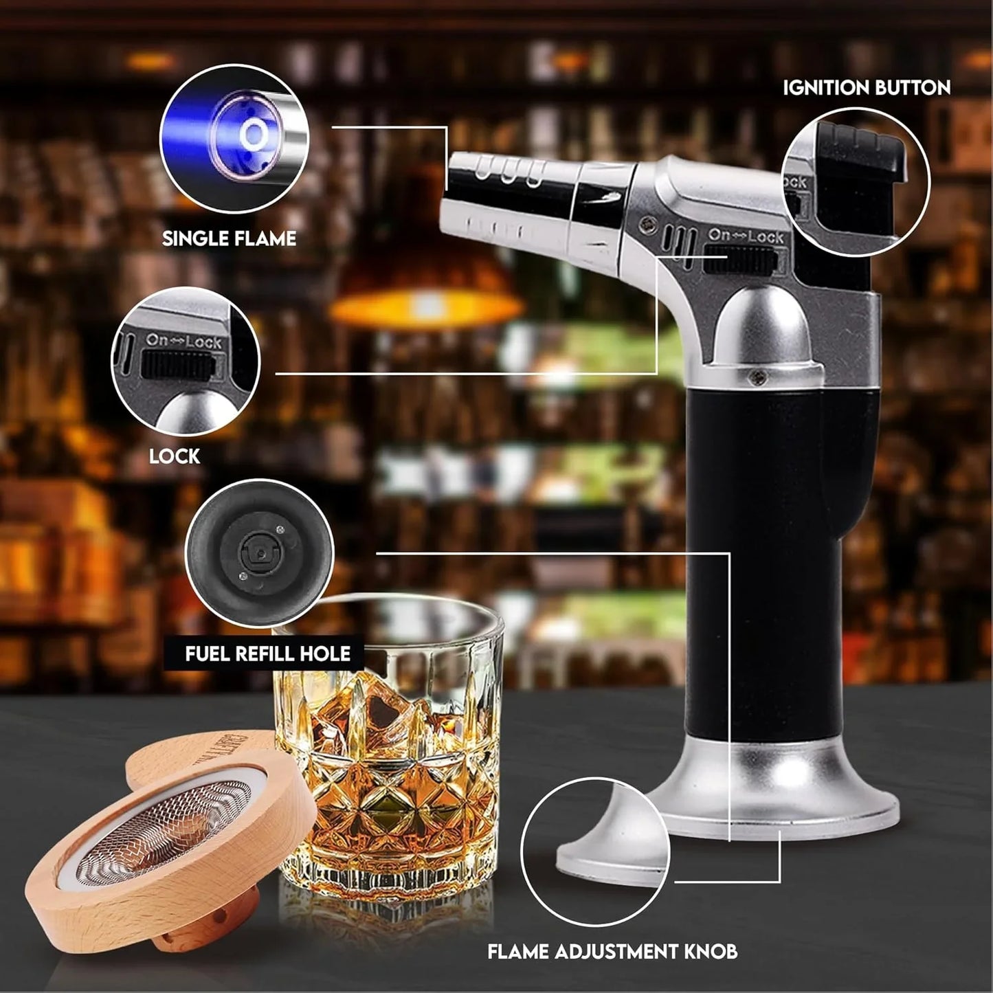 Whiskey Smoker Kit with Torch – 6 Wood Chip Flavors & 2 Glasses – Cocktail Smoker Infuser Set for Old Fashioned and Bourbon– Birthday Gifts for Dad, Men, Husband and Boyfriend(Butane Not Included)