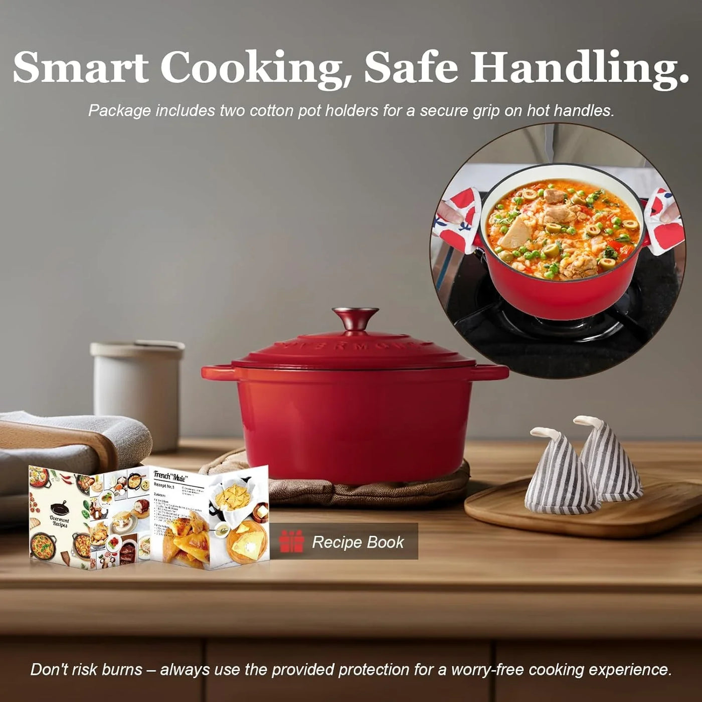 5.5QT Enameled Cast Iron Dutch Oven with Lid Cookbook Heavy-Duty Casserole with Dual Handles for Braising, Stews, Roasting, Sourdough Baking