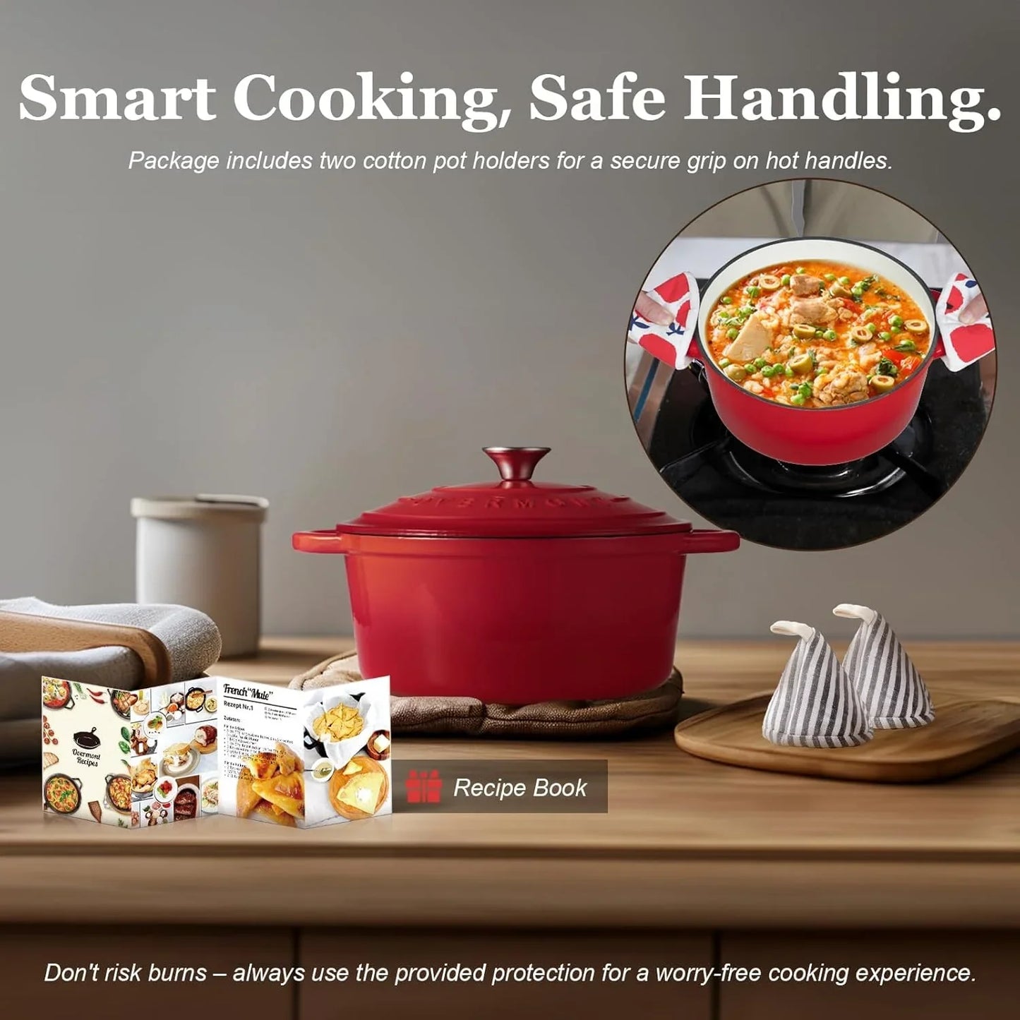 5.5QT Enameled Cast Iron Dutch Oven with Lid Cookbook Heavy-Duty Casserole with Dual Handles for Braising, Stews, Roasting, Sourdough Baking