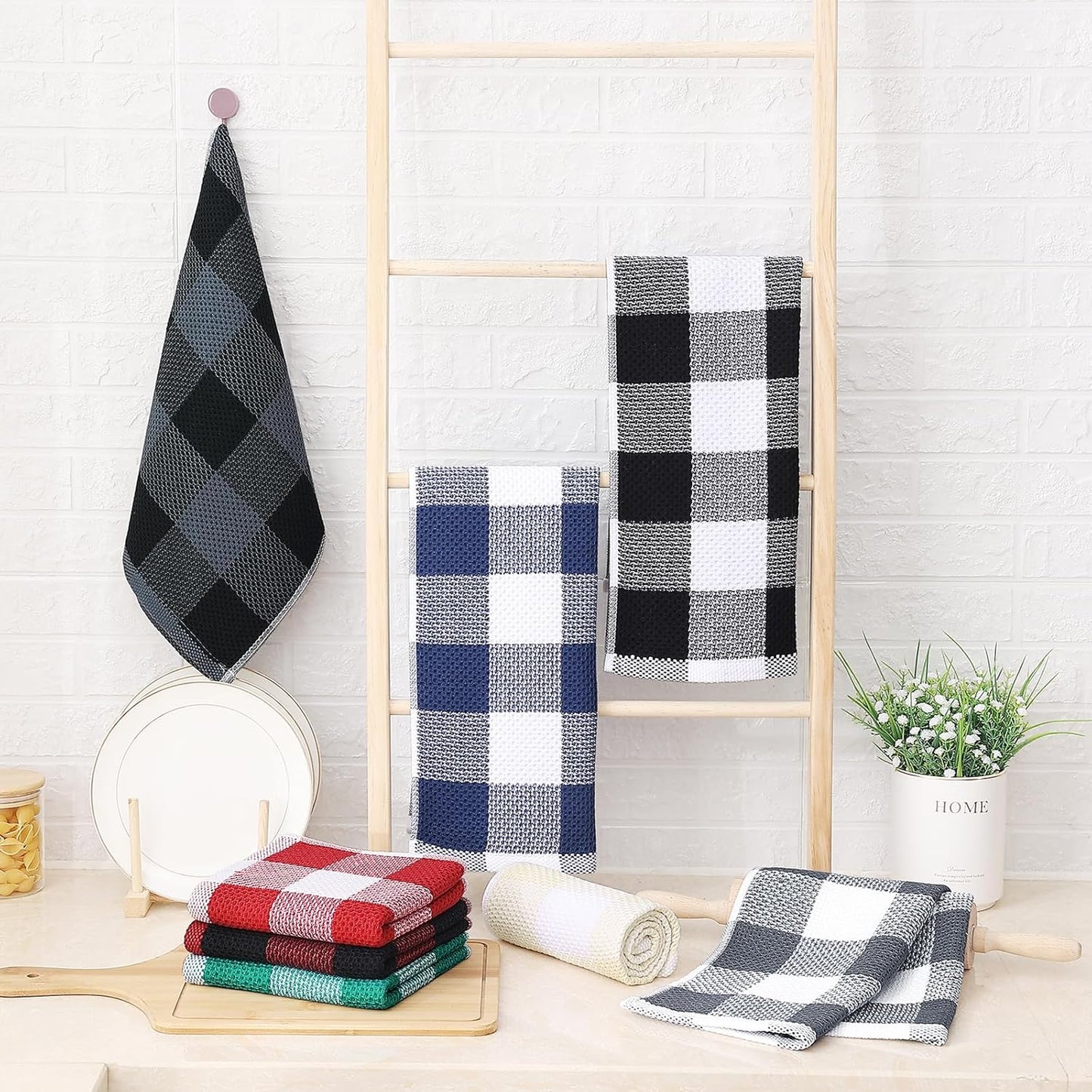 100% Cotton Waffle Weave Check Plaid Kitchen Towels, 13 X 28 Inches, Super Soft and Absorbent Dish Towels for Drying Dishes, 4-Pack, White & Black