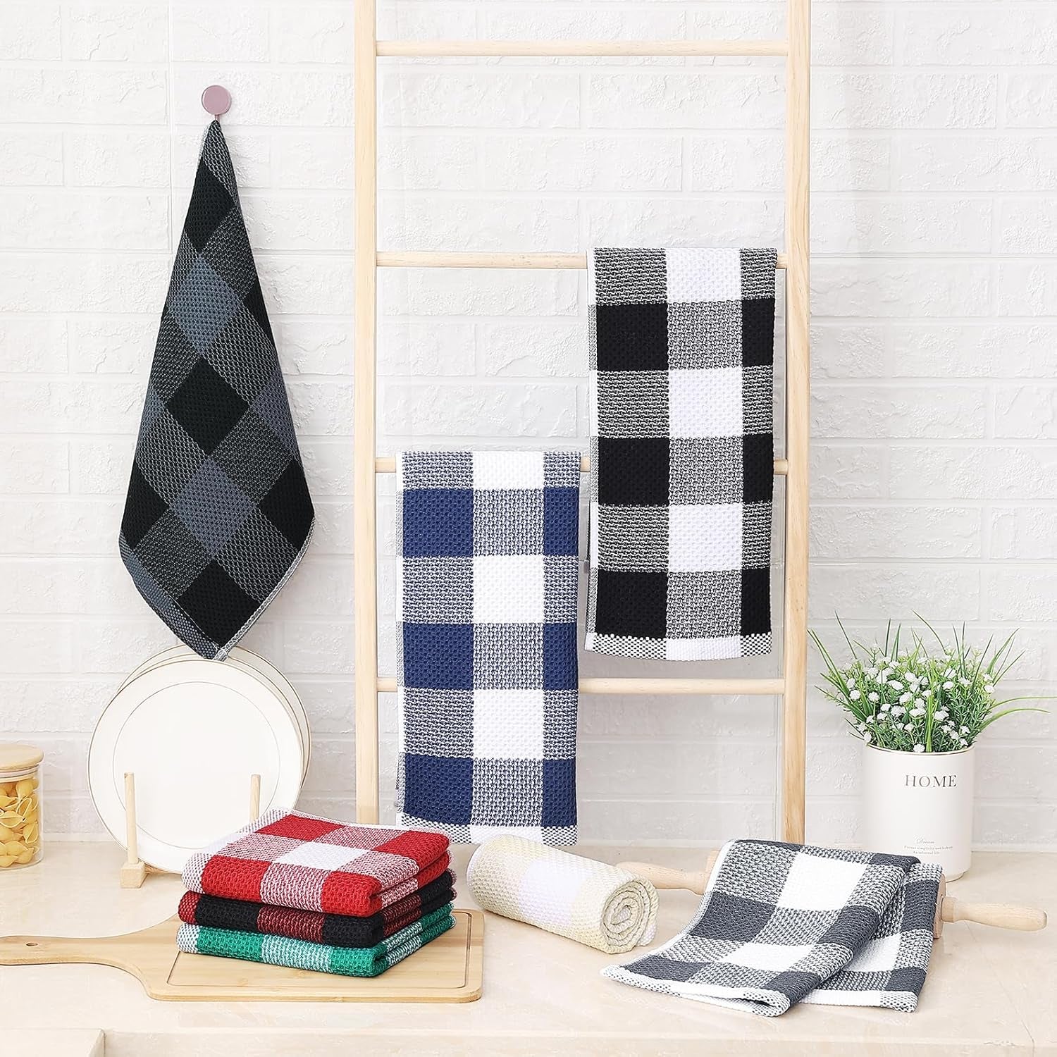 100% Cotton Waffle Weave Check Plaid Kitchen Towels, 13 X 28 Inches, Super Soft and Absorbent Dish Towels for Drying Dishes, 4-Pack, White & Black