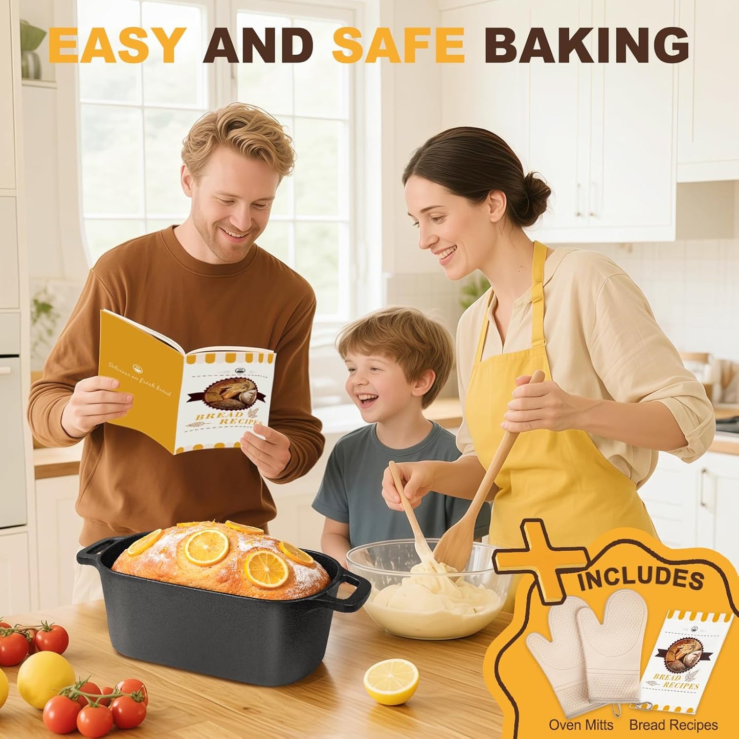 7QT Oval Dutch Oven for Sourdough Bread Baking, Pre-Seasoned Cast Iron Bread Pan with Lid, Even Heat Distribution for Homemade Bread