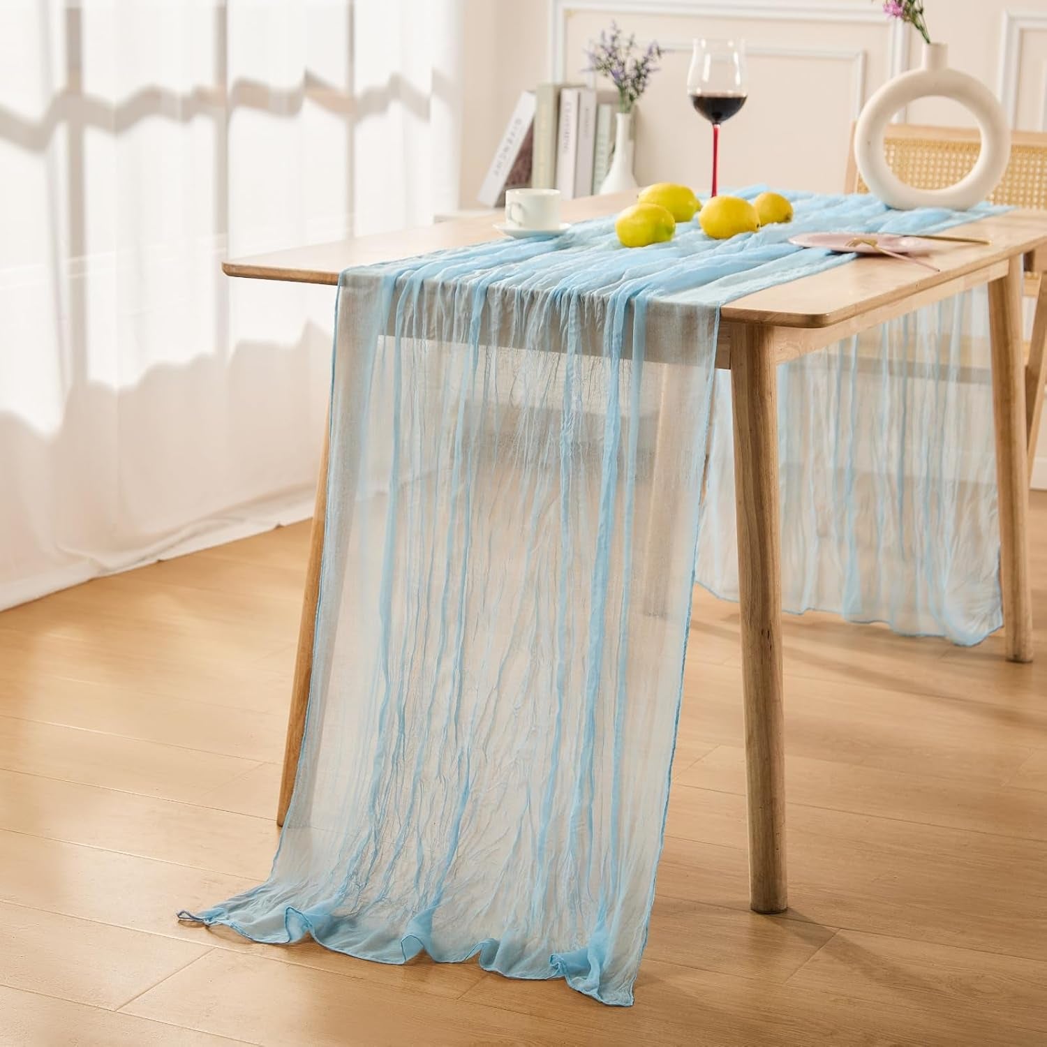10 Pack Baby Blue Spring Table Runner Boho Cheesecloth Table Runners Bulk 10 Ft Gauze Sheer Mother'S Day Table Centerpieces for Wedding Ceremony Anniversary Bridal Baby Shower Banquet