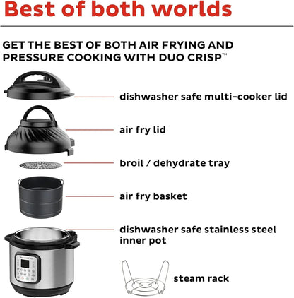 Duo Crisp multi-cooker with air fry lid, steam rack, and stainless steel pot for pressure cooking and air frying