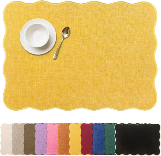 Faux Linen Placemats Set of 6 Heat Resistant Non-Slip Stain Proof Table Mats for Kitchen Dining Elegant Decor Place Mats (Yellow)