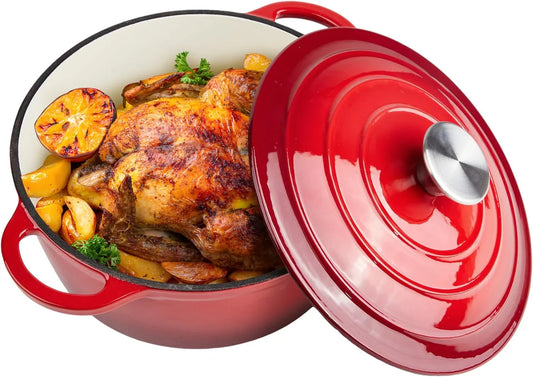 6 Quart Dutch Oven Enameled Cast Iron with Lid - Big Dual Handles - Oven Safe up to 500°F - Classic round Pot for Versatile Cooking (Red, 6 QT)
