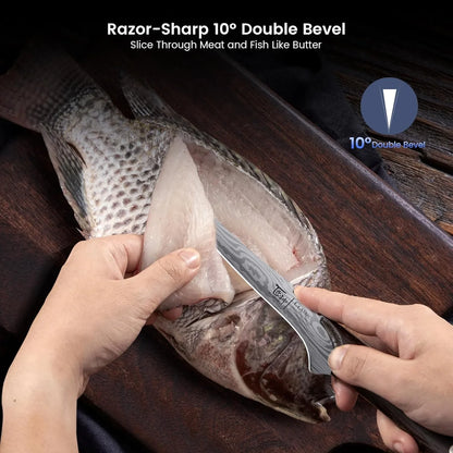 Fillet Knife, Razor Sharp 7.2 Inch Boning Knife, High Carbon Stainless Steel Filet Knives with High Flexibility, Wooden Handle, Full Tang Damascus Pattern Fishing Knives, Ideal Gift
