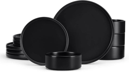 Stoneware Dinnerware Sets, 12-Piece Plates and Bowls Dish Set for 4, Kitchen Modern Dinning Ware, Chip and Scratch Resistant, Microwave & Dishwasher Safe, Matte Black