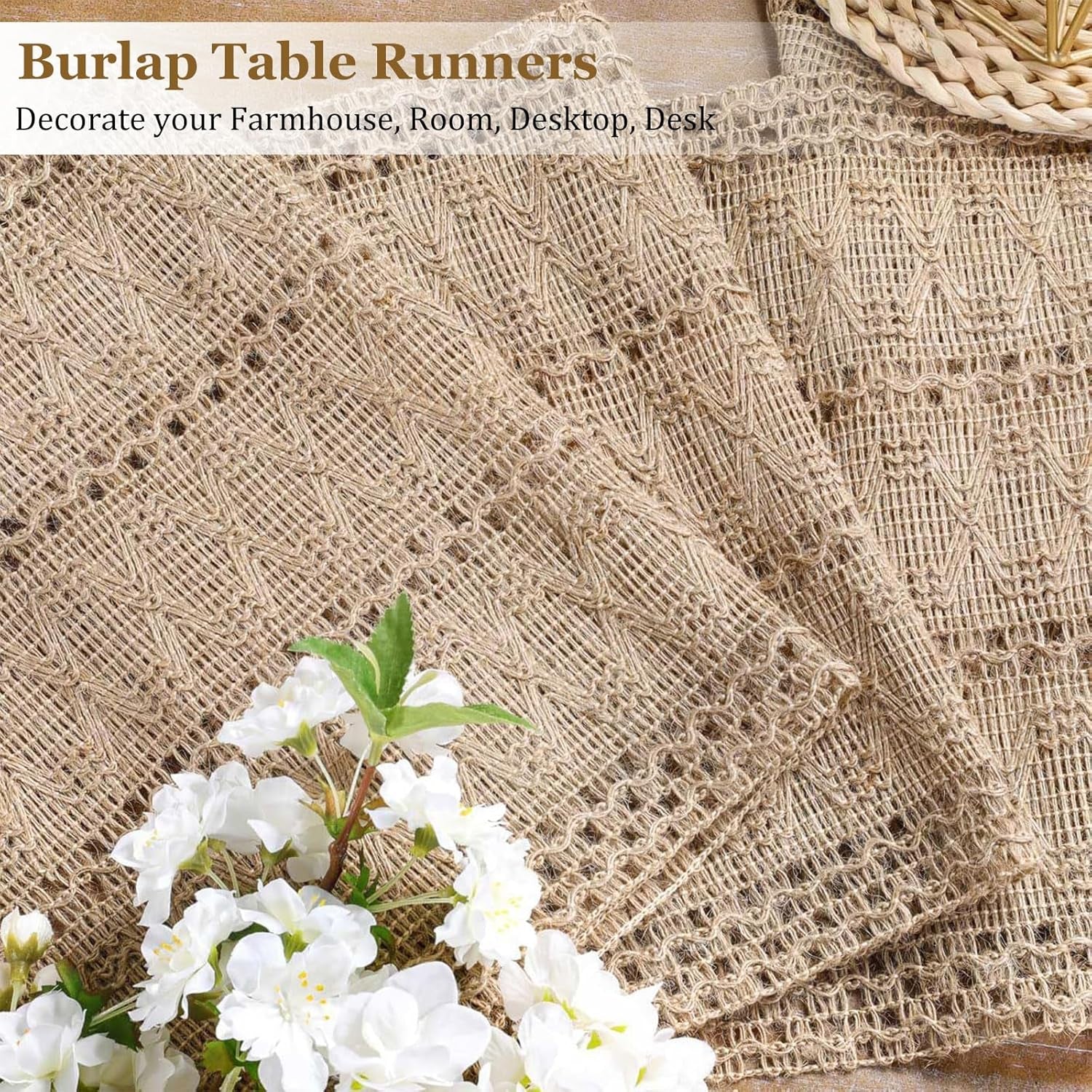 Burlap Boho Table Runner for Spring Home Decor 72 Inches Long, Brown Farmhouse Decor Rustic Small Macrame Woven Coffee Burlap Jute Table Runners for Summer Dining Dresser Scarf Table Decor