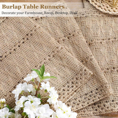 Burlap Boho Table Runner for Spring Home Decor 72 Inches Long, Brown Farmhouse Decor Rustic Small Macrame Woven Coffee Burlap Jute Table Runners for Summer Dining Dresser Scarf Table Decor