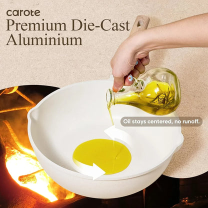 Hand pouring olive oil into white die-cast aluminum frying pan, oil centered, cookware on fire