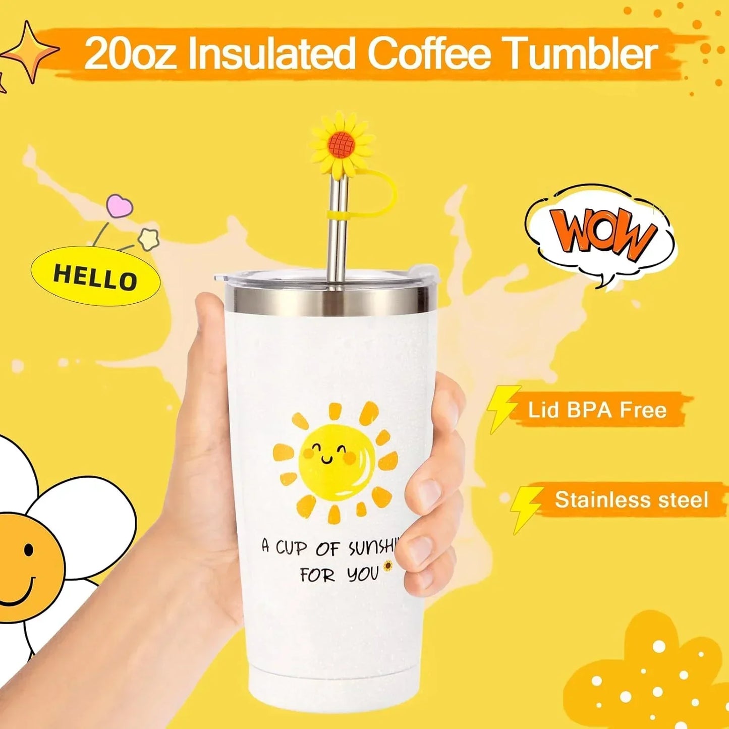 20oz insulated coffee tumbler with sun design, stainless steel, BPA-free lid, and flower straw