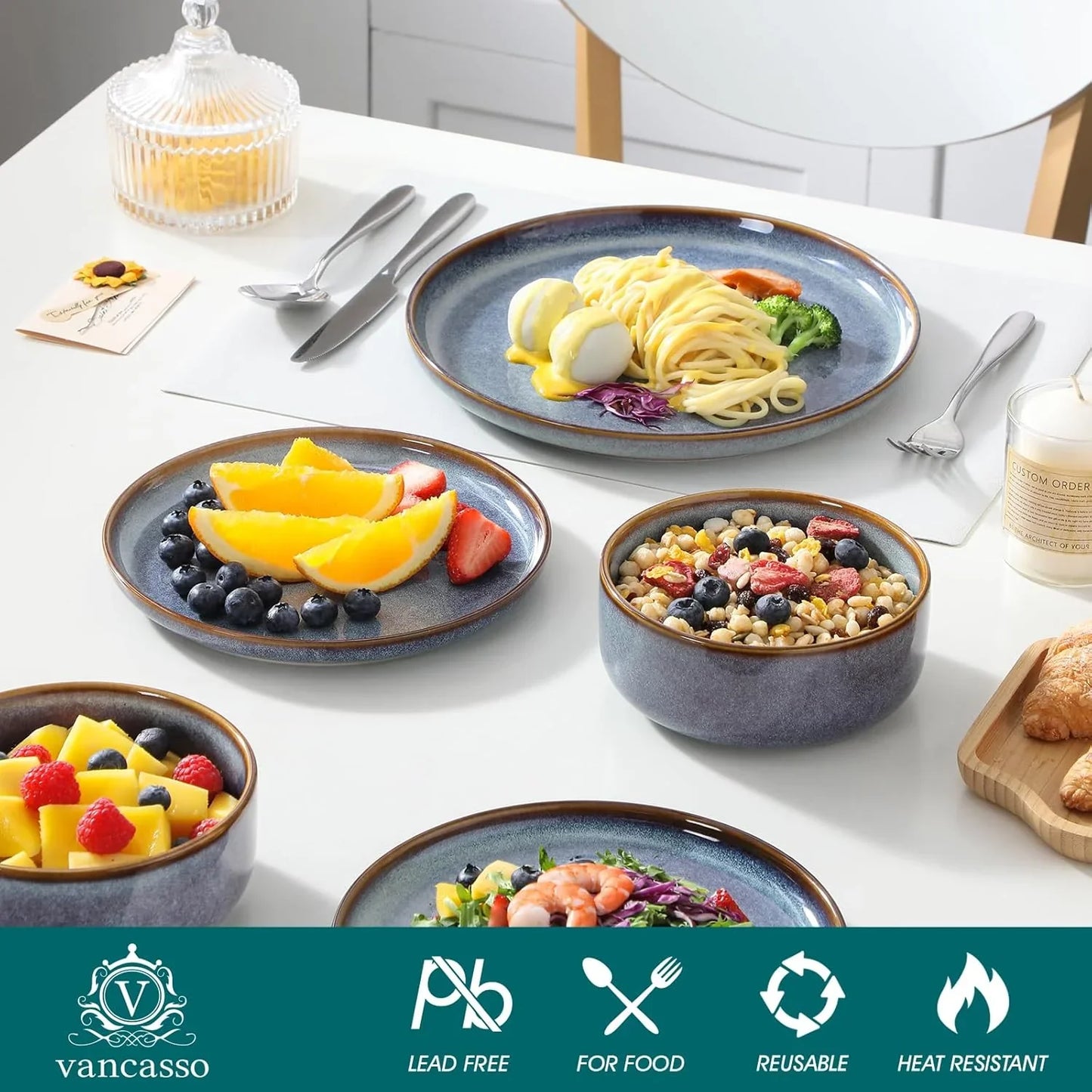 PLAYA Plates and Bowls Sets, 12 Pieces Grey-Blue Dinnerware Sets for Kitchen, Reactive Glaze Dishes Set for 4, Dishwasher and Microwave Safe