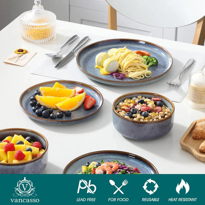 PLAYA Plates and Bowls Sets, 12 Pieces Grey-Blue Dinnerware Sets for Kitchen, Reactive Glaze Dishes Set for 4, Dishwasher and Microwave Safe