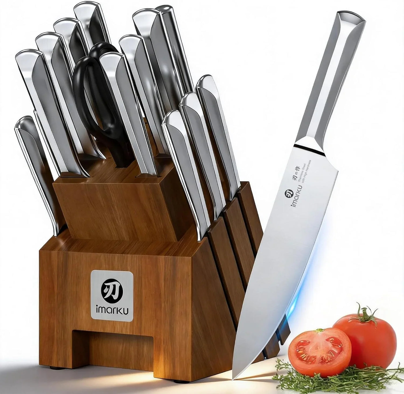Knife Set, Kitchen Knife Set with Block & Sharpener, 16PCS Japanese High Carbon Stainless Steel Ultra Sharp Knife Block Set, Ergonomic Non-Slip Handle, Dishwasher Safe, Perfect Gifts