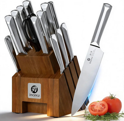 Knife Set, Kitchen Knife Set with Block & Sharpener, 16PCS Japanese High Carbon Stainless Steel Ultra Sharp Knife Block Set, Ergonomic Non-Slip Handle, Dishwasher Safe, Perfect Gifts