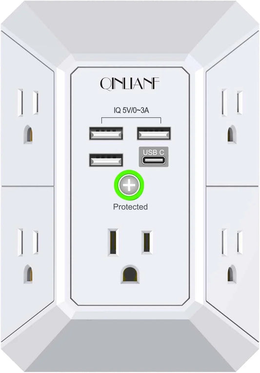 Wall Charger, Surge Protector,  5 Outlet Extender with 4 USB Charging Ports, 3-Sided 1680J Power Strip Multi Plug Adapter Spaced for Home Travel Office