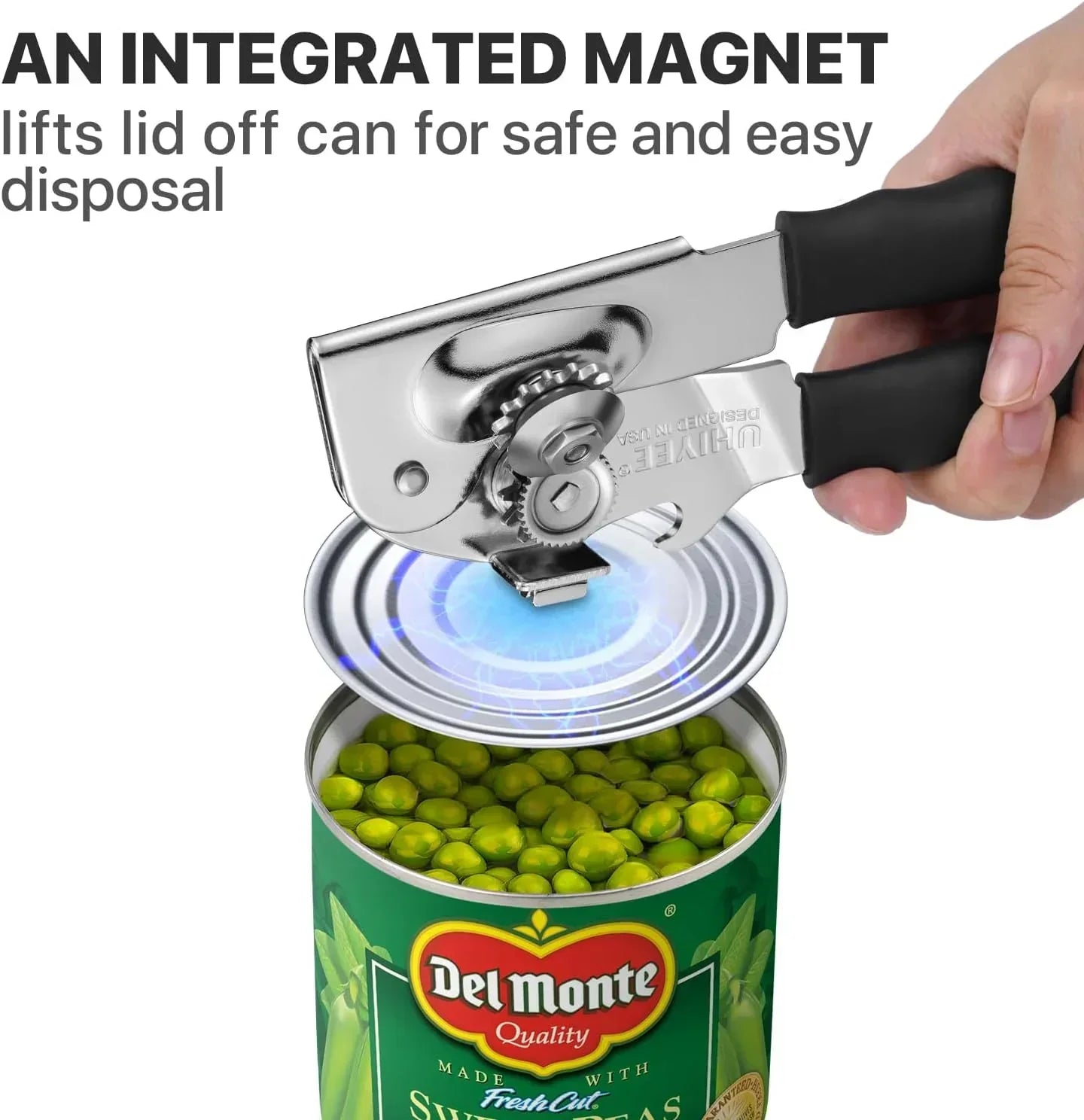 Can opener with integrated magnet lifting lid off Del Monte peas can for safe disposal