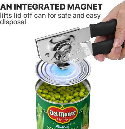 Can opener with integrated magnet lifting lid off Del Monte peas can for safe disposal