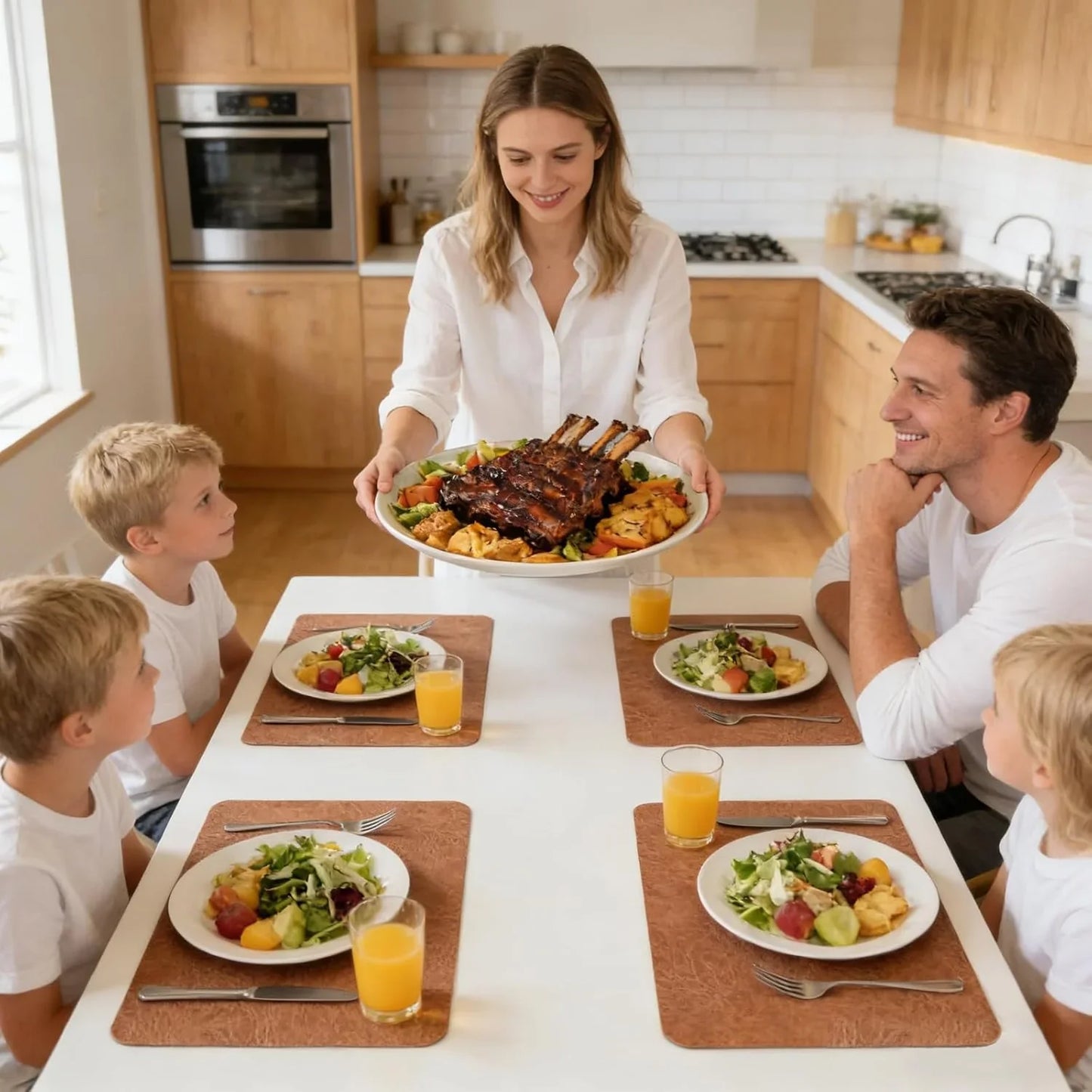 Placemats Set of 6 - Easy Clean Washable PU Leather Place Mats for Dining Table, 12 X 18 Inch Heat Resistant Non-Slip Table Mats for Kitchen, Indoor, Outdoor, Brown