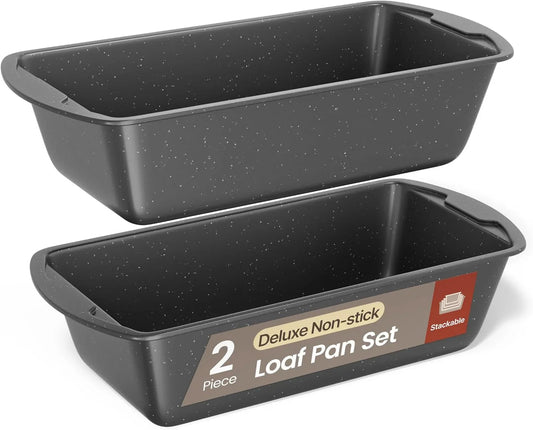 Nonstick Loaf Pan Set Pack of 2, 10.2" & 11" Large Baking Bread Pan, Oven Safe up to 450°F, PFOA, PFOS, PTFE Free, Space Saving Stackable Design, Stain Resistant, Dishwasher Friendly, Gray Marble