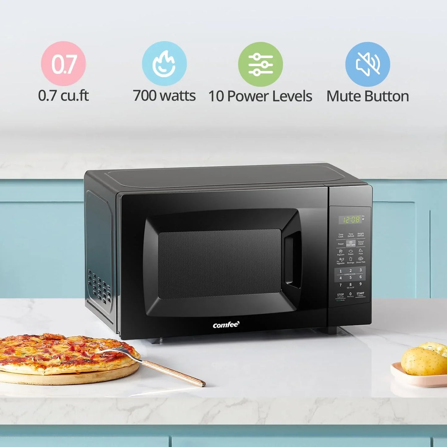 EM720CPL-PMB Countertop Microwave Oven with Sound On/Off, ECO Mode and Easy One-Touch Buttons, 0.7Cu.Ft, 700W, Black