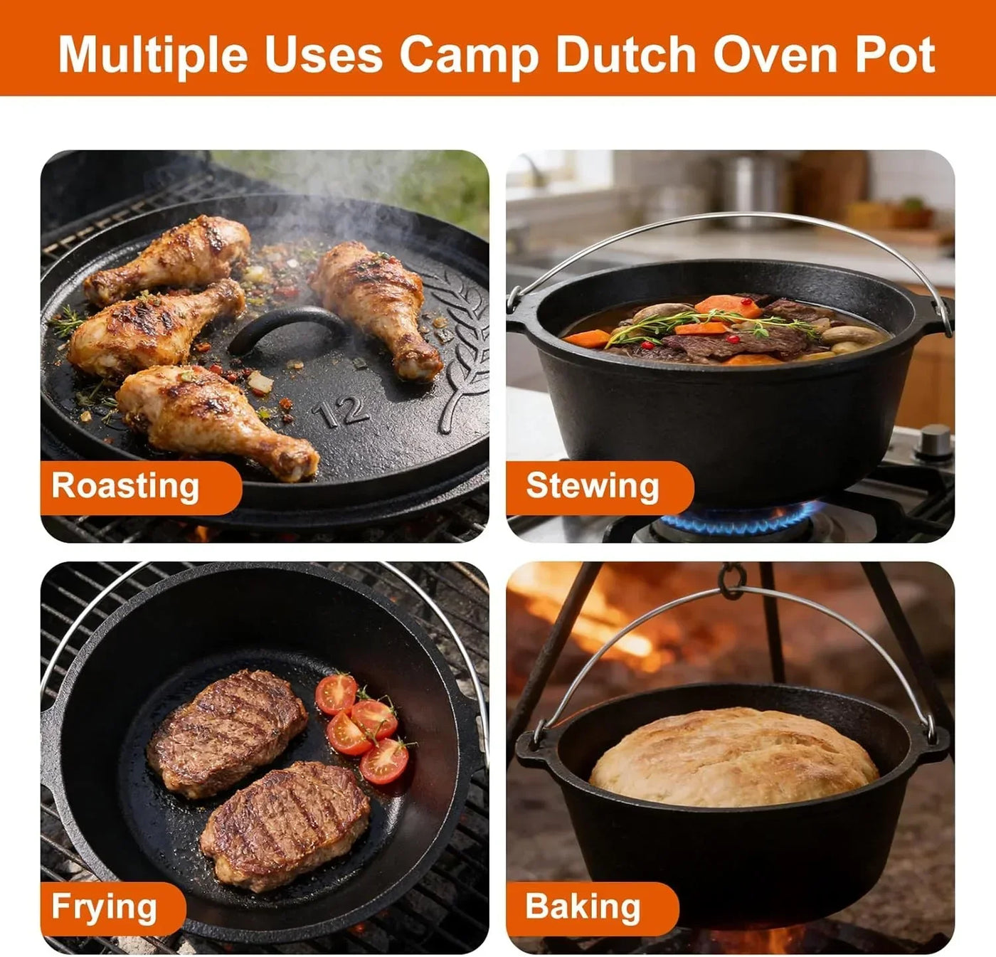 Versatile cast iron Dutch oven for roasting, stewing, frying, and baking meals outdoors or in kitchen