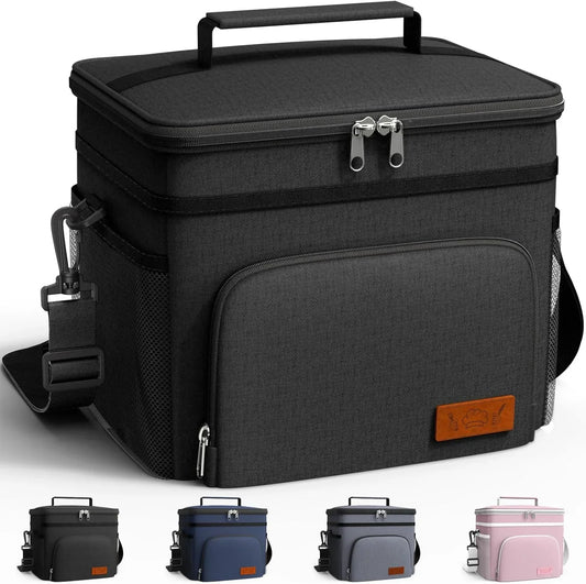 Insulated Lunch Box for Men & Women - Leak-Proof Cooler Lunch Bag with 4 Pockets, Adjustable Strap, Ideal for Work, Picnic, Travel - Medium, Black, 10.2"×6.9"×8.5"