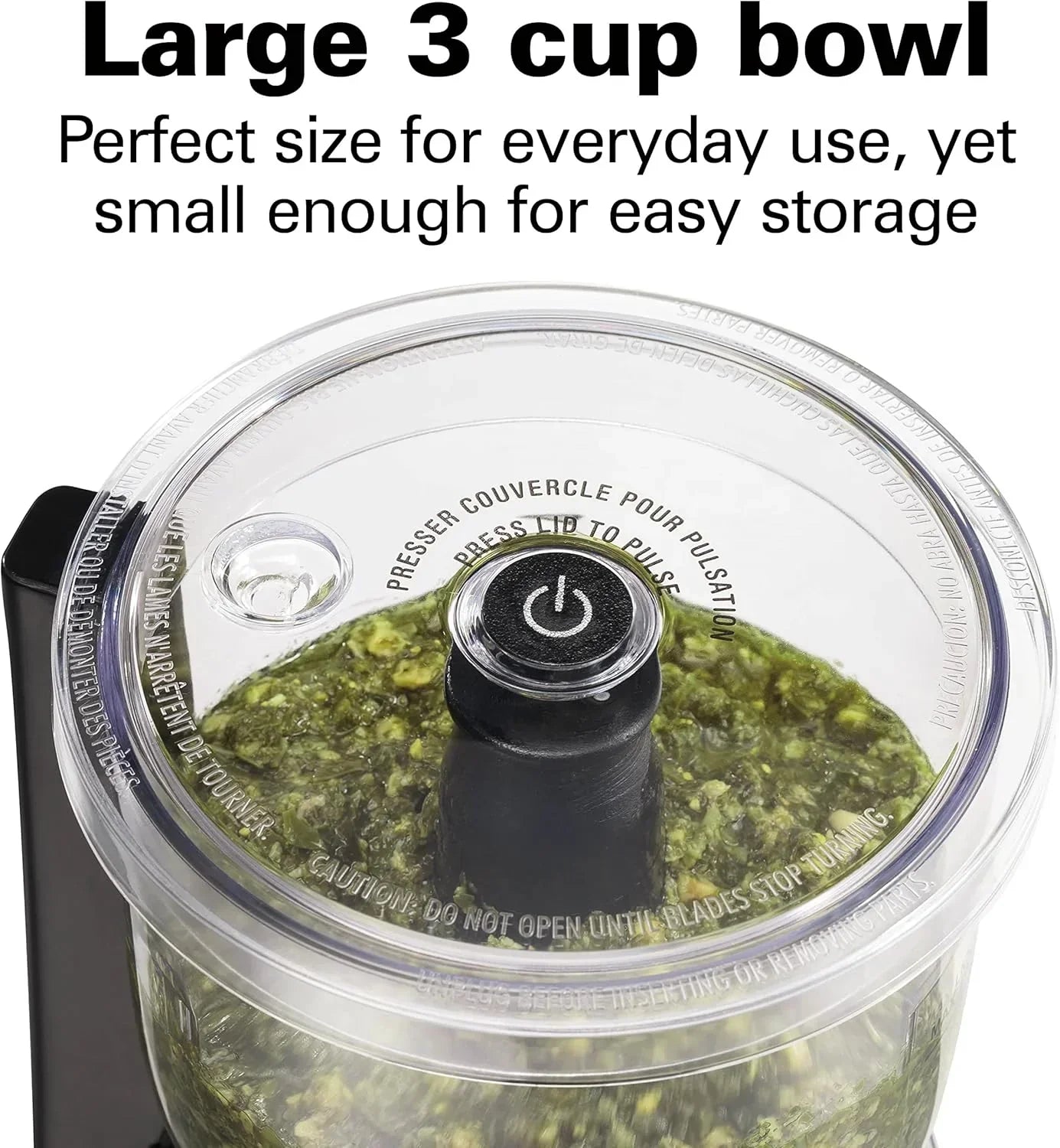 3-cup food processor with green pesto, ideal for everyday kitchen use and easy storage
