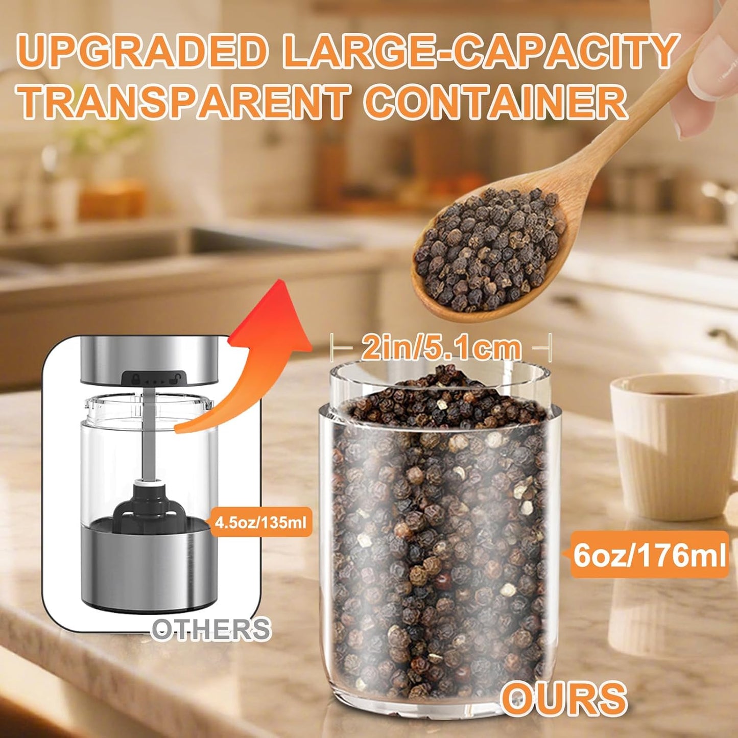 Gravity Electric Salt and Pepper Grinder Set Rechargeable, External Adjustable Coarseness, Automatic Salt and Pepper Shakers Mill with LED Light, 6Oz/176Ml Large Capacity, House Warming Gifts (2 Pack)