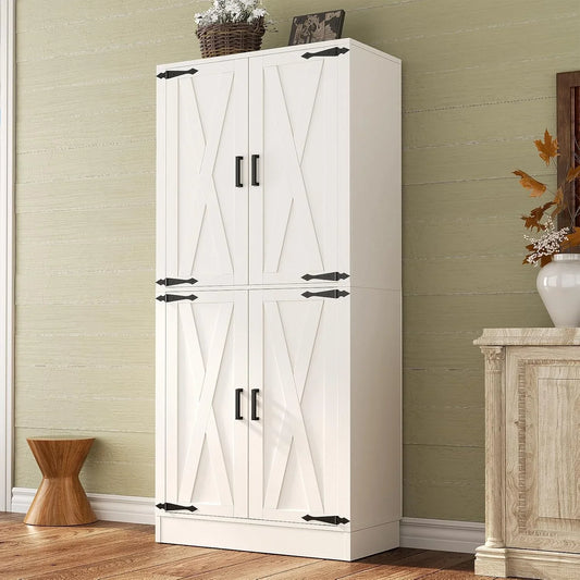 71" Tall Kitchen Pantry Storage Cabinet with Farmhouse Barn Doors and Storage Drawer, 4 Adjustable Shelves, Freestanding Cupboard for Dining Room, Living Room, Utility Room, White