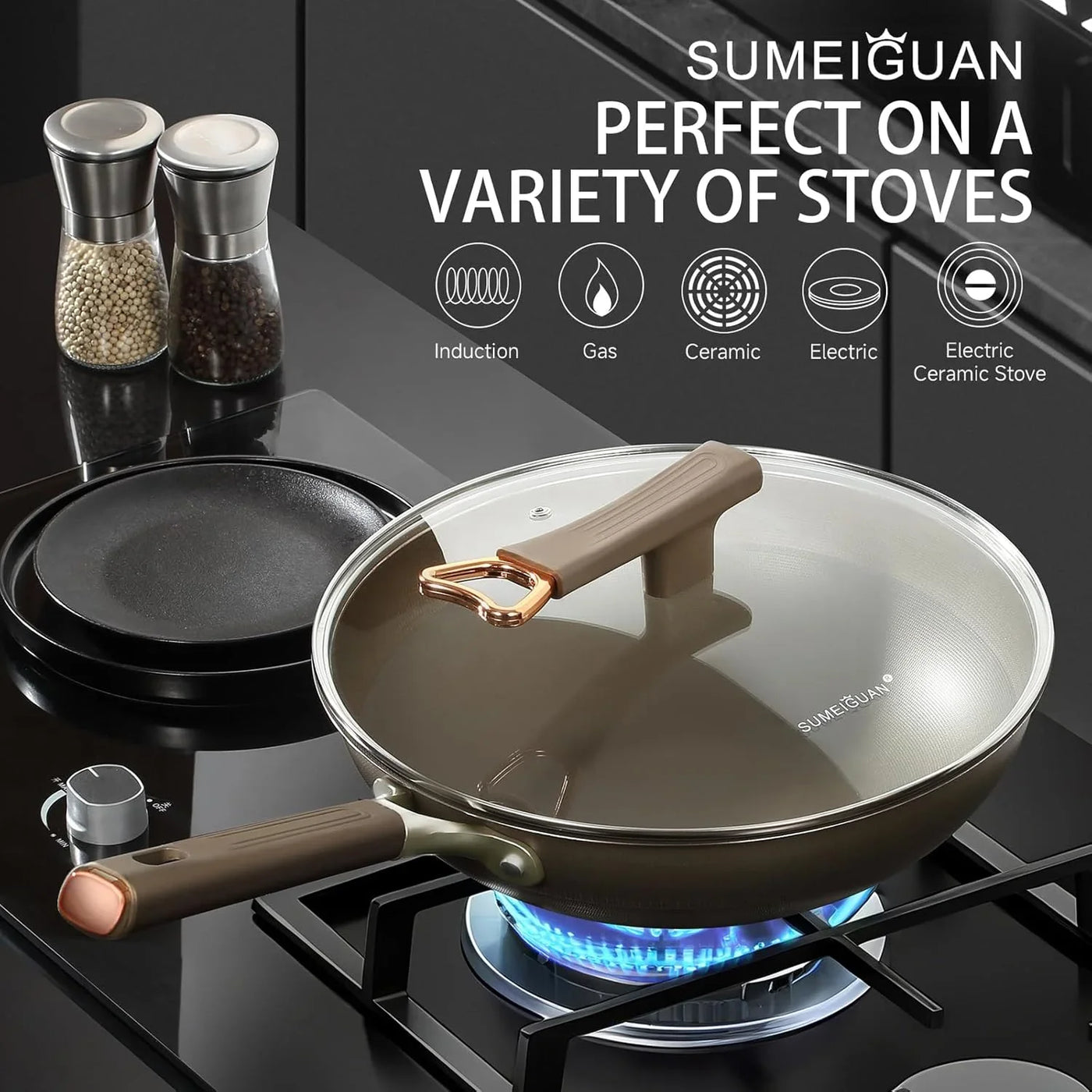 13 Inch Titanium Wok Pan with Lid - Non Stick Frying Pan, Extended Cool-Touch Handle, PFAS/PFOA/PTFE Free Flat Bottom Wok, Dishwasher Safe, Works on All Stovetops Including Induction