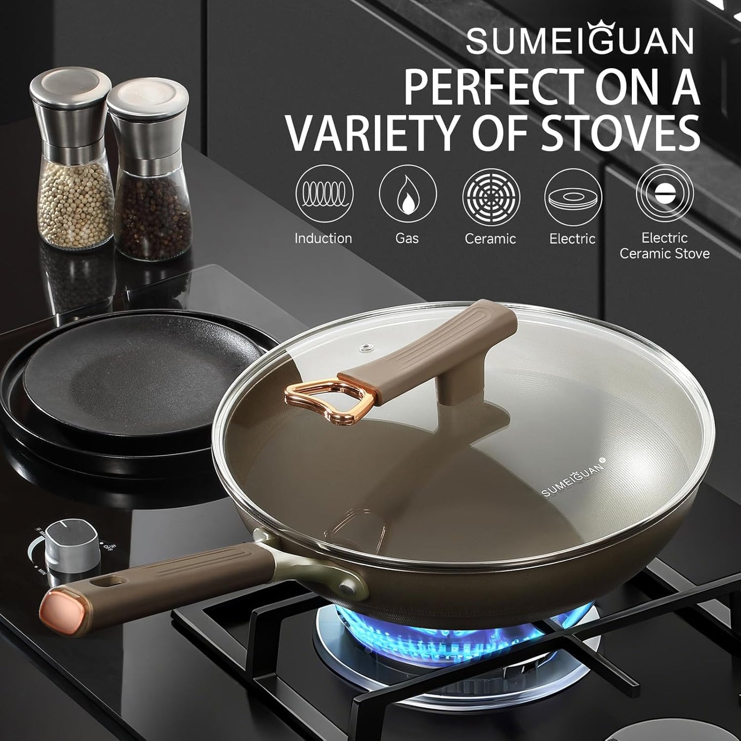 13 Inch Titanium Wok Pan with Lid - Non Stick Frying Pan, Extended Cool-Touch Handle, PFAS/PFOA/PTFE Free Flat Bottom Wok, Dishwasher Safe, Works on All Stovetops Including Induction