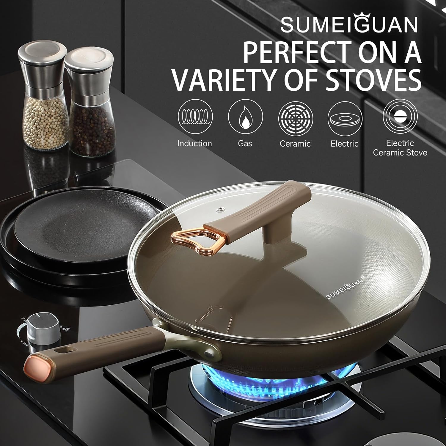 13 Inch Titanium Wok Pan with Lid - Non Stick Frying Pan, Extended Cool-Touch Handle, PFAS/PFOA/PTFE Free Flat Bottom Wok, Dishwasher Safe, Works on All Stovetops Including Induction