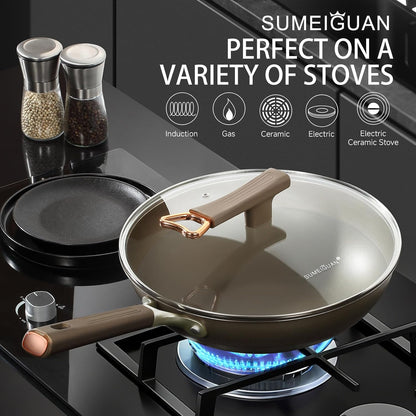 13 Inch Titanium Wok Pan with Lid - Non Stick Frying Pan, Extended Cool-Touch Handle, PFAS/PFOA/PTFE Free Flat Bottom Wok, Dishwasher Safe, Works on All Stovetops Including Induction